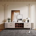 Elegant TV Stand with Drawers Open Shelves and Decorative Vase Lamp Artwork