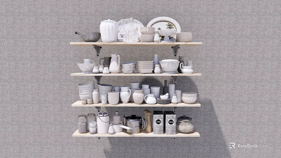 Light Wood Shelves Displaying White And Light Gray Kitchenware Teapots Jars Bowls Plates Cups 3d model 