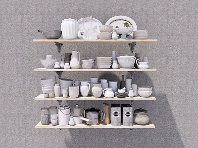 Light Wood Shelves Displaying White And Light Gray Kitchenware Teapots Jars Bowls Plates Cups 3d model