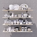 Light Wood Shelves Displaying White And Light Gray Kitchenware Teapots Jars Bowls Plates Cups