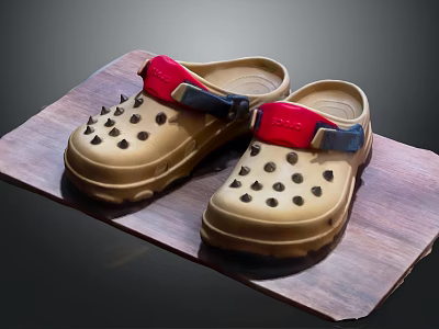 Beige Rubber Clogs With Red Straps Blue Buckles And Perforated Design On Wooden Platform 3d model