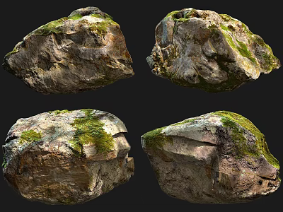 Natural Stone And Rustic Wood Decorative Pieces With Mossy Textured Surfaces 3d model