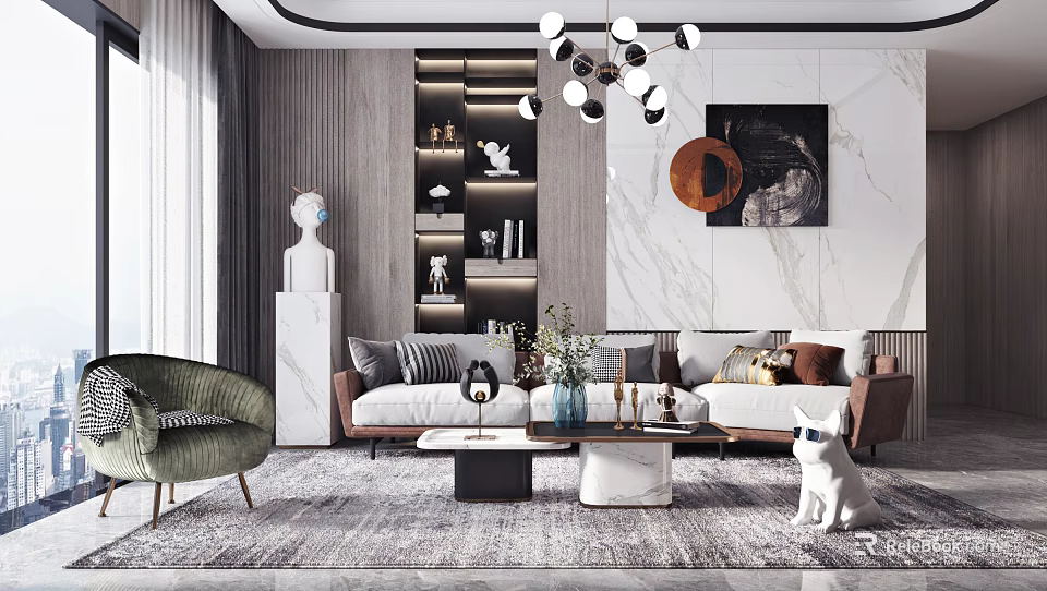 Modern Living Room With Stylish Sofa And Coffee Table Set Cushions Green Plants Chandelier And Marble Wall 3d model 