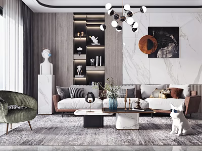 Modern Living Room With Stylish Sofa And Coffee Table Set Cushions Green Plants Chandelier And Marble Wall 3d model