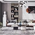 Modern Living Room With Stylish Sofa And Coffee Table Set Cushions Green Plants Chandelier And Marble Wall