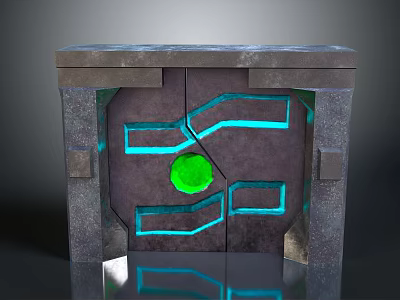 Futuristic Scene Component with Green Gemstone and Blue Glowing Lines on Metal Stone Textured Panel 3d model