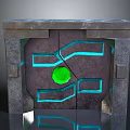 Futuristic Scene Component with Green Gemstone and Blue Glowing Lines on Metal Stone Textured Panel