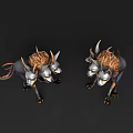 3D Rendered Multiple Headed Reptile Wolf Like Body Gold Black Standing Dark Background