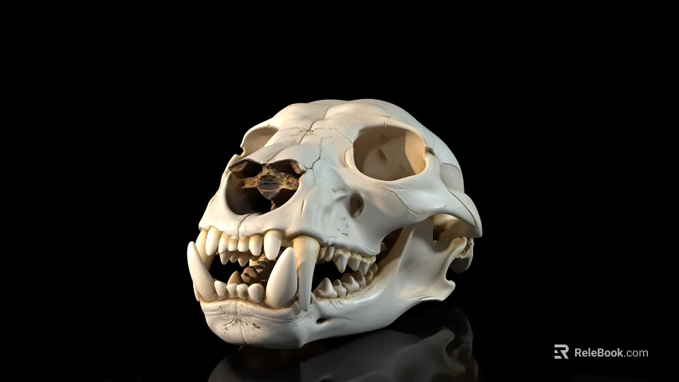 White Animal Skull With Sharp Teeth And Eye Sockets On Black Background 3d model 