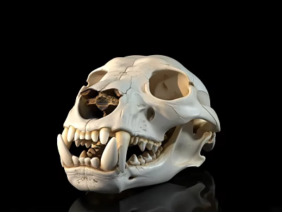 White Animal Skull With Sharp Teeth And Eye Sockets On Black Background 3d model