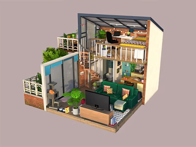 Detailed Cartoon Miniature Room Cross Section Scene with Staircase Green Sofa TV and Balcony Plants 3d model