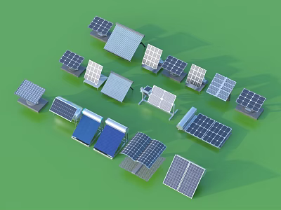 Various Solar Panels With Different Shapes And Sizes Arranged On Green Background 3d model