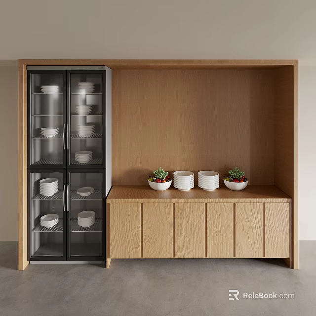 Wooden Sideboard With Glass Door Cabinet Bowls Dishes White Bowls And Small Potted Plants 3d model 