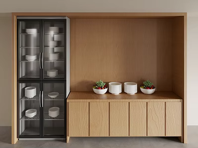 Wooden Sideboard With Glass Door Cabinet Bowls Dishes White Bowls And Small Potted Plants 3d model