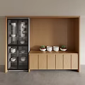 Wooden Sideboard With Glass Door Cabinet Bowls Dishes White Bowls And Small Potted Plants
