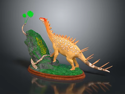 Yellow Dinosaur With White Spots Spiked Back And Green Tree On Rock Base 3d model