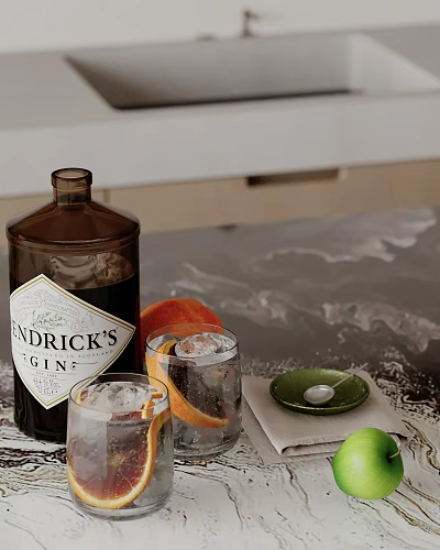 Decorative Ornament Set With Hendricks Gin Bottle Cocktail Glasses And Orange Slices On Marble Tabletop 3d model