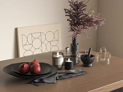 Decorative Ornament Set with Geometric Painting Purple Dried Flowers Vase Pomegranates Black Plate and Candles 3d model