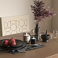 Decorative Ornament Set with Geometric Painting Purple Dried Flowers Vase Pomegranates Black Plate and Candles