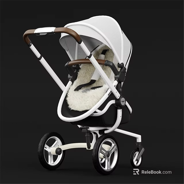 White And Brown Frame Baby Stroller With Black Wheels And Plush Seat 3d model 