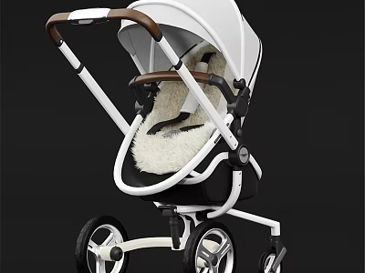 White And Brown Frame Baby Stroller With Black Wheels And Plush Seat 3d model