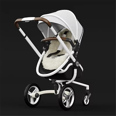 White And Brown Frame Baby Stroller With Black Wheels And Plush Seat 3d model