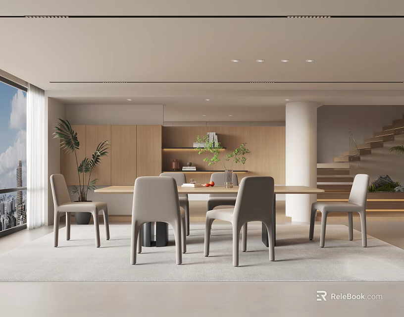 Modern Restaurant Interior Featuring Large Windows Scenic View Wooden Cabinets Round Dining Table Gray Chairs 3d model 