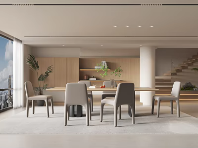 Modern Restaurant Interior Featuring Large Windows Scenic View Wooden Cabinets Round Dining Table Gray Chairs 3d model