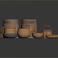 Rustic Decorative Ornament Set With Wooden Barrels Wicker Baskets And Metal Utensils