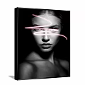 Black and White Portrait of a Woman with Pink Neon Light Streaks on Her Face