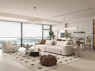 Modern Living Dining Room Interior With White Sofa Pendant Lights Large Windows And Open Kitchen 3d model