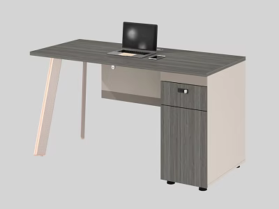 Modern Office Desk With Laptop Drawer And Cabinet In Gray Beige Finish 3d model