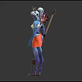 Horned Blue Skin Fantasy Character With Orange Skirt And Staff Weapon Design