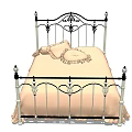 Ornate Black Iron Double Bed with Light Beige Bedding and Decorative Pillows 3d model