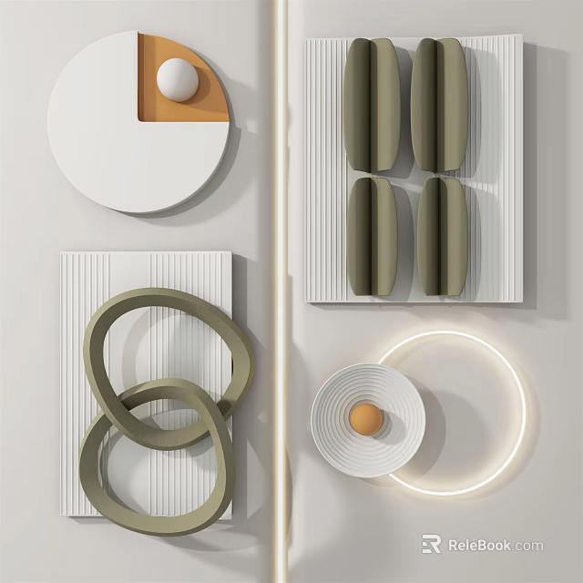 Modern Wall Decor With Circular Rings Geometric Patterns And Olive Green Accents 3d model