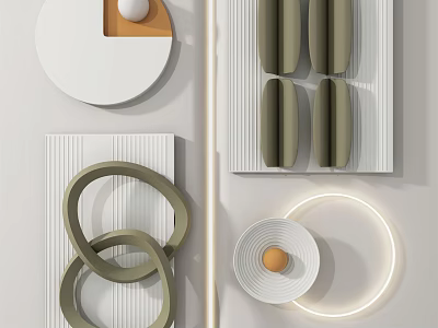 Modern Wall Decor With Circular Rings Geometric Patterns And Olive Green Accents 3d model