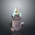 Detailed Medieval Castle Architecture With Stone Towers And Green Copper Spires