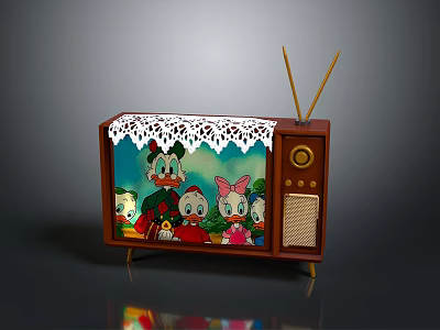 Vintage Computer Monitor With Wooden Frame Lace Decoration And Cartoon Character Screen 3d model