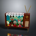 Vintage Computer Monitor With Wooden Frame Lace Decoration And Cartoon Character Screen