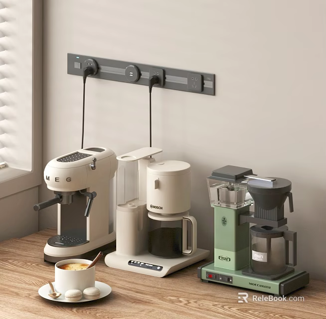 Modern Kitchen Countertop With White Green Coffee Machine Kettle Grinder And Wall Mounted Socket Strip 3d model 