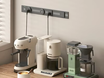 Modern Kitchen Countertop With White Green Coffee Machine Kettle Grinder And Wall Mounted Socket Strip 3d model
