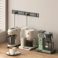 Modern Kitchen Countertop With White Green Coffee Machine Kettle Grinder And Wall Mounted Socket Strip