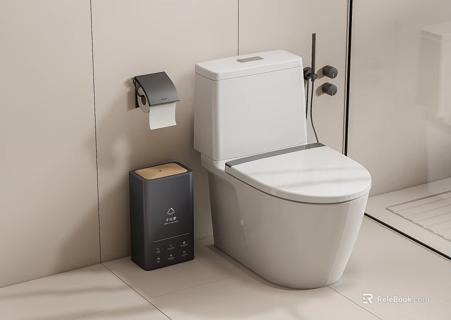 Modern White Toilet in Bathroom with Toilet Paper Holder and Trash Bin 3d model 