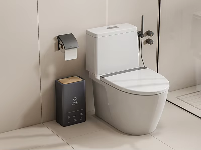 Modern White Toilet in Bathroom with Toilet Paper Holder and Trash Bin 3d model