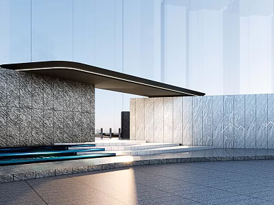Contemporary Entrance Gate With Gray Stone Wall Black Overhang Blue Water Feature And Steps 3d model