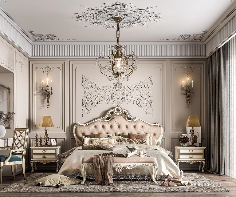 Elegant Classic Bedroom with Carved Ceiling Chandelier Decorative Wall Panels Ornate Headboard and Bedside Tables 3d model 