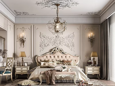 Elegant Classic Bedroom with Carved Ceiling Chandelier Decorative Wall Panels Ornate Headboard and Bedside Tables 3d model
