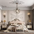 Elegant Classic Bedroom with Carved Ceiling Chandelier Decorative Wall Panels Ornate Headboard and Bedside Tables