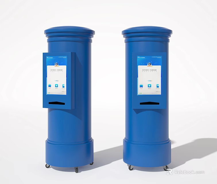 Two Blue Public Service Kiosks With Screen Display And Service Slot 3d model 