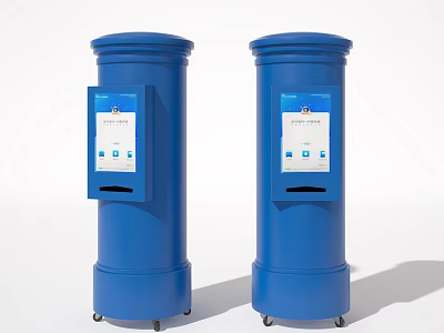Two Blue Public Service Kiosks With Screen Display And Service Slot 3d model